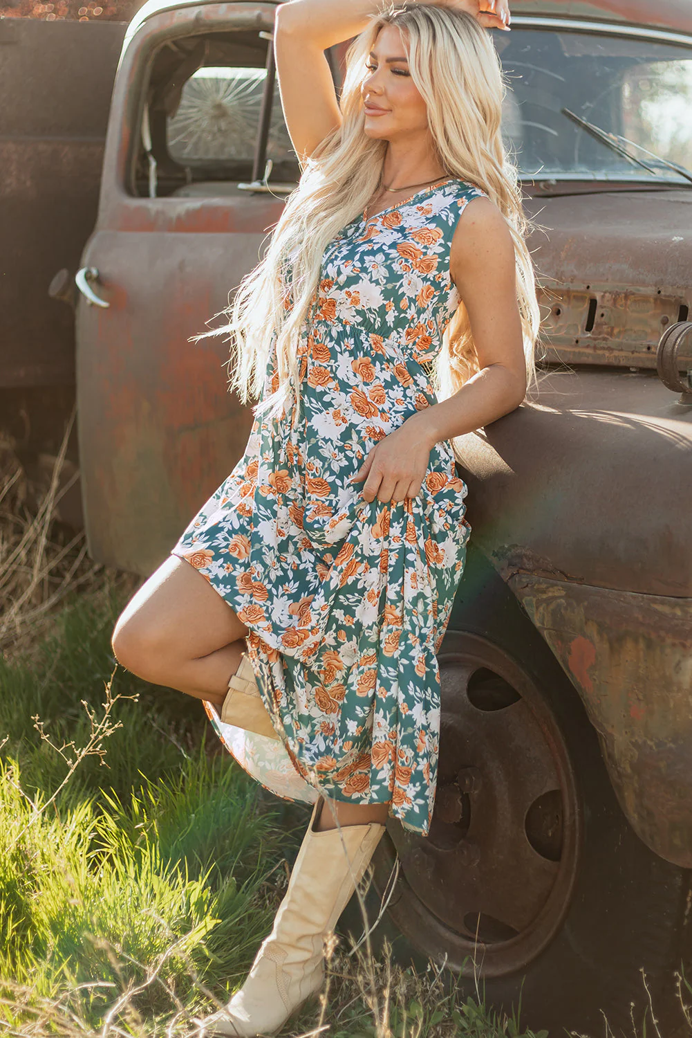 Green Floral Print Trimmed V Neck Tie Waist Sleeveless Holiday Long Dress - Image 13