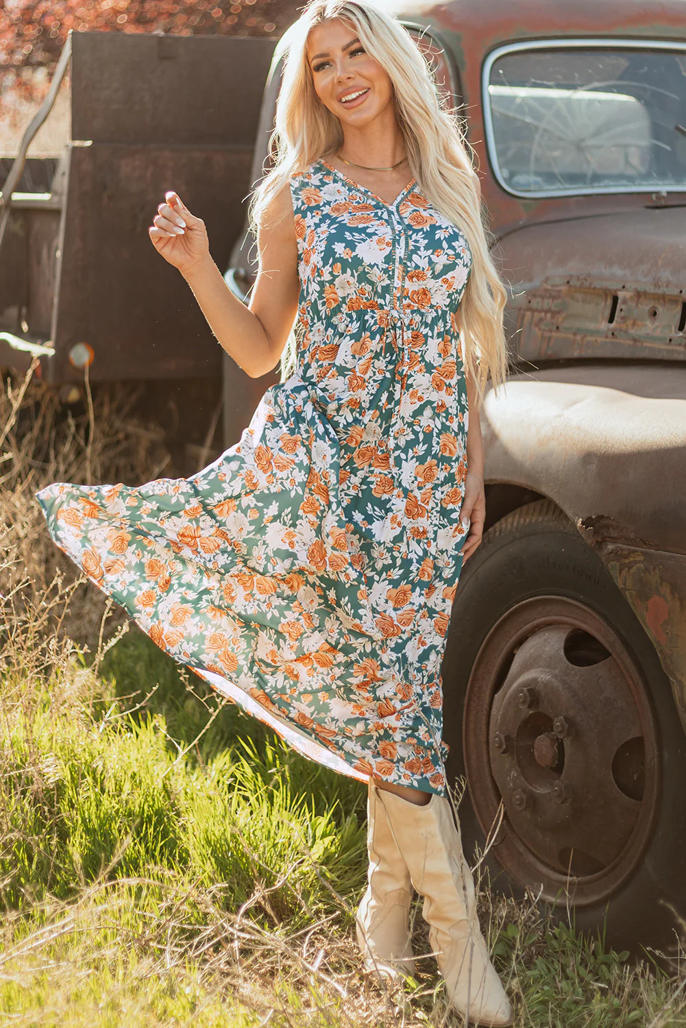 Green Floral Print Trimmed V Neck Tie Waist Sleeveless Holiday Long Dress - Image 15