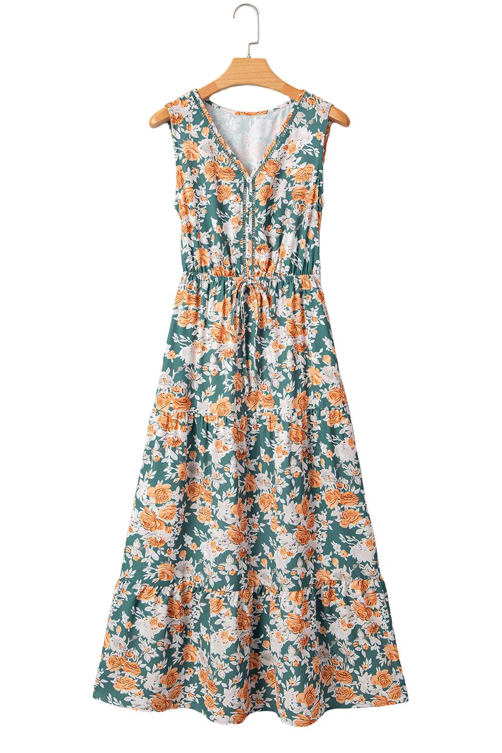 Green Floral Print Trimmed V Neck Tie Waist Sleeveless Holiday Long Dress - Image 18