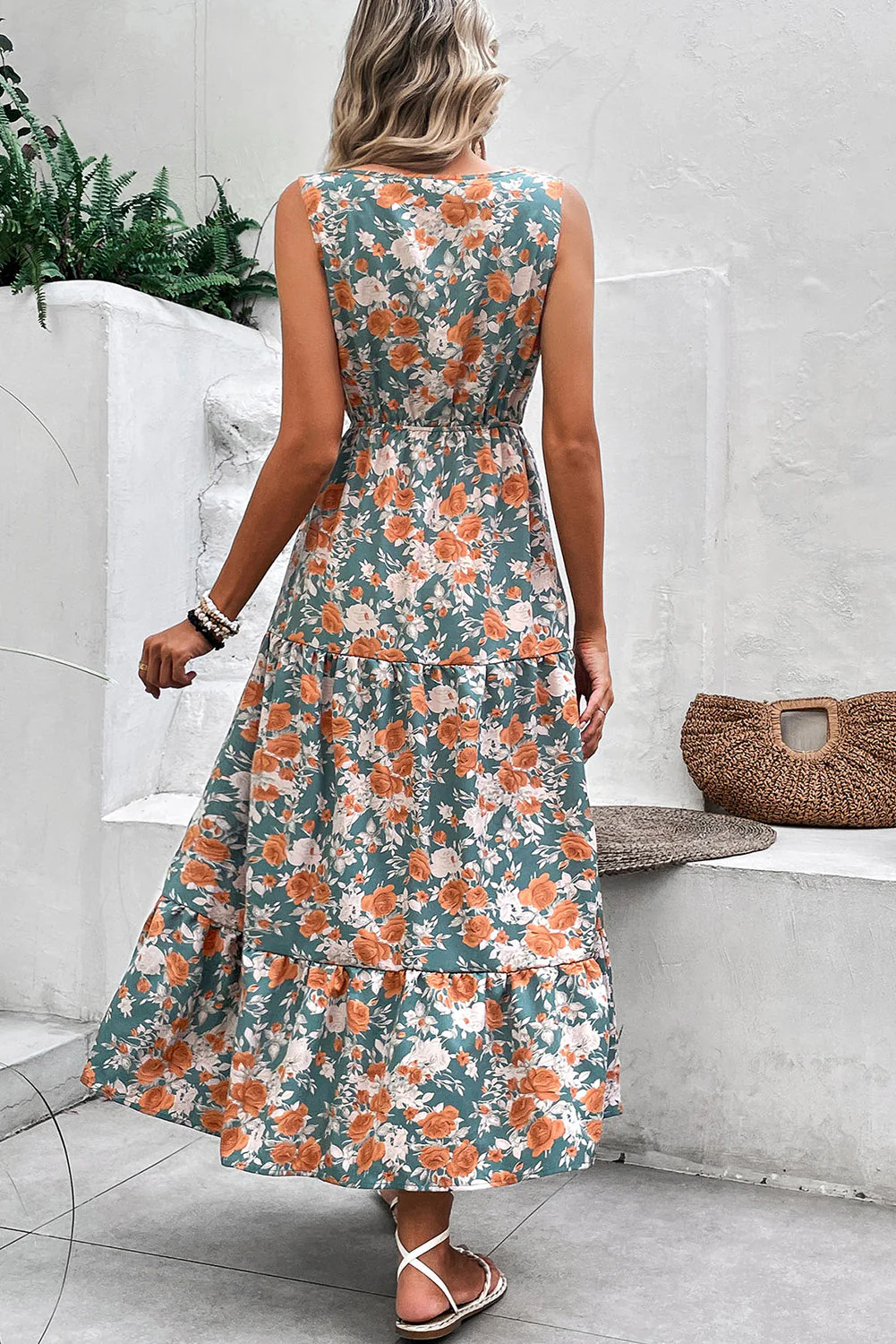 Green Floral Print Trimmed V Neck Tie Waist Sleeveless Holiday Long Dress - Image 2