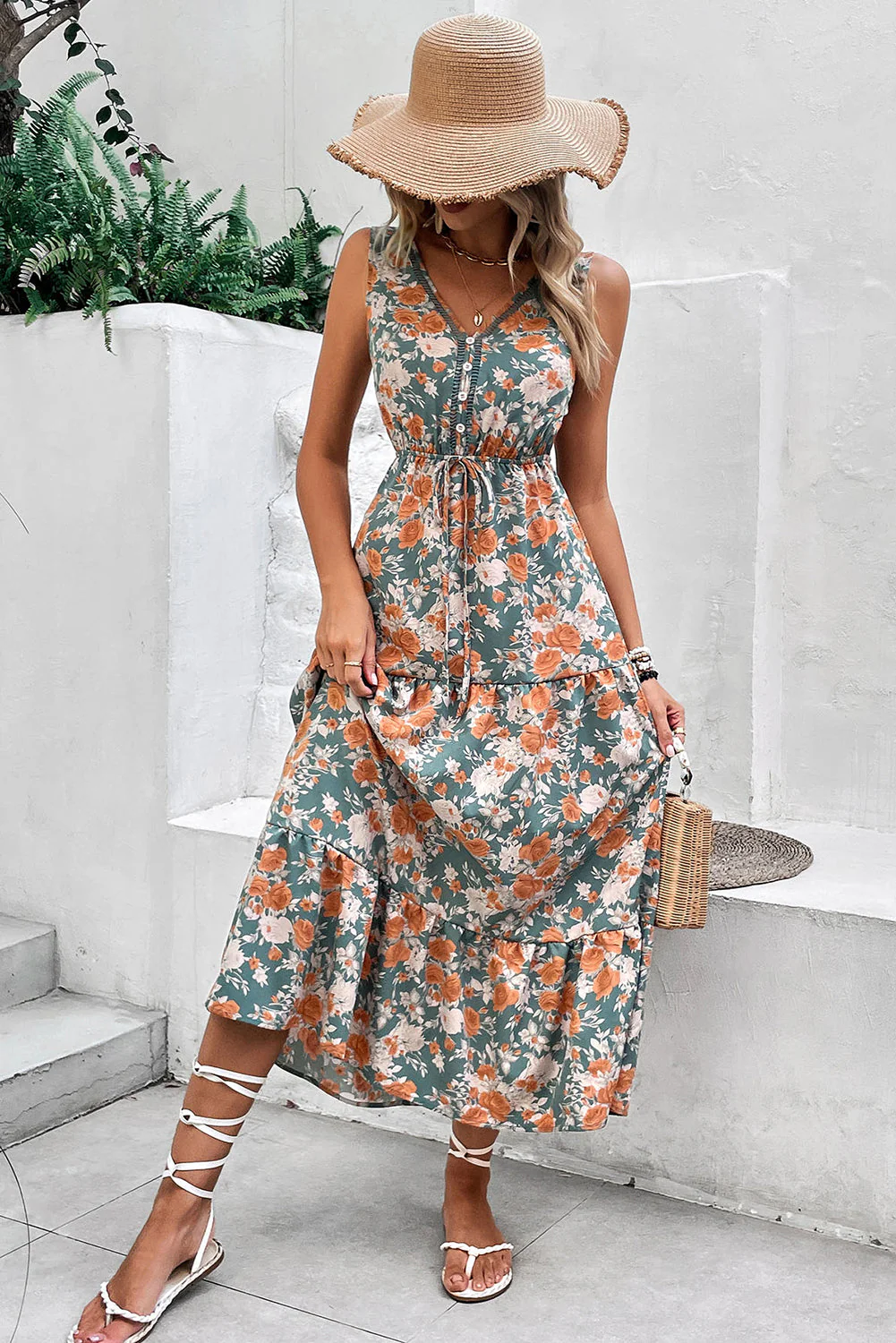 Green Floral Print Trimmed V Neck Tie Waist Sleeveless Holiday Long Dress - Image 5