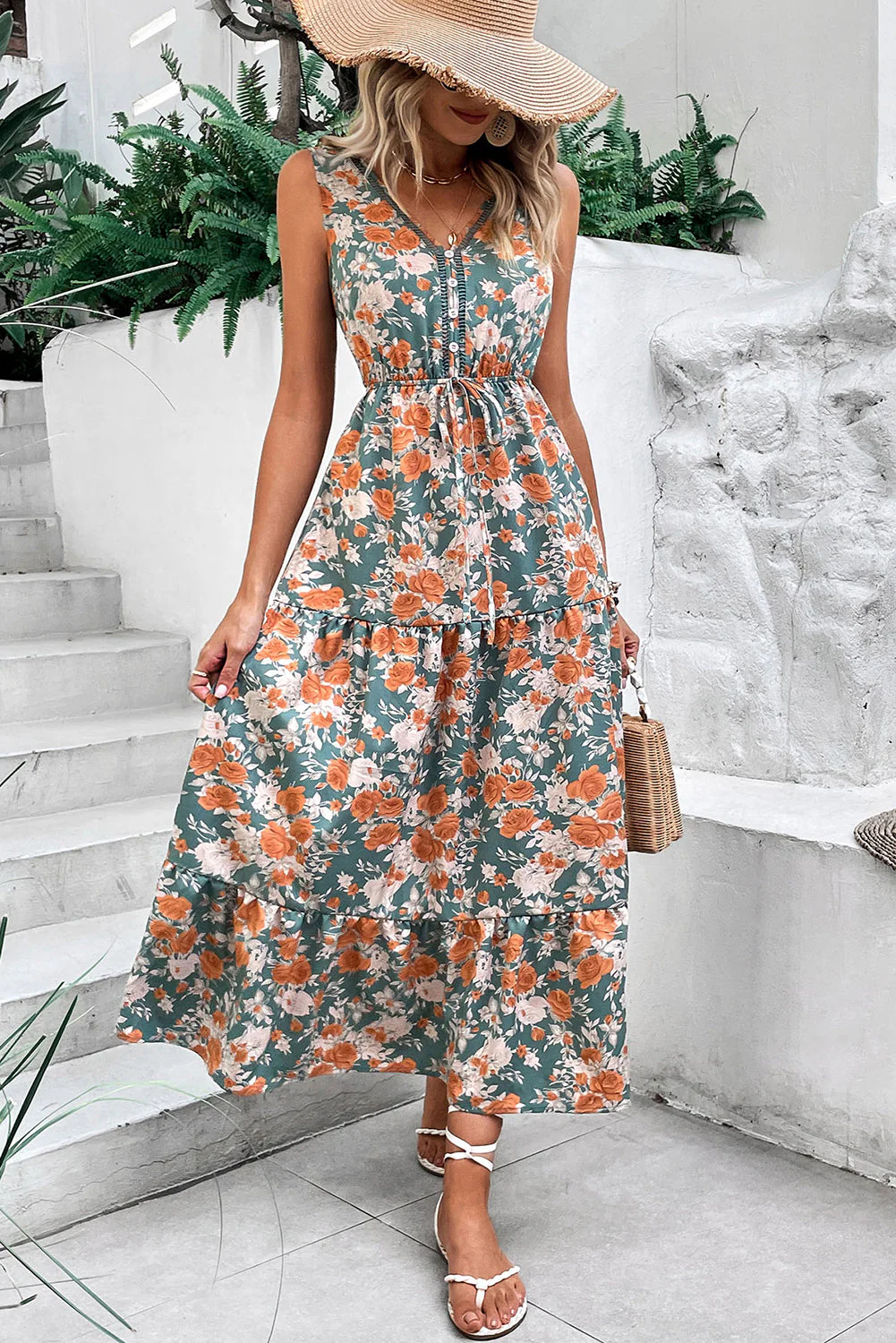 Green Floral Print Trimmed V Neck Tie Waist Sleeveless Holiday Long Dress - Image 6