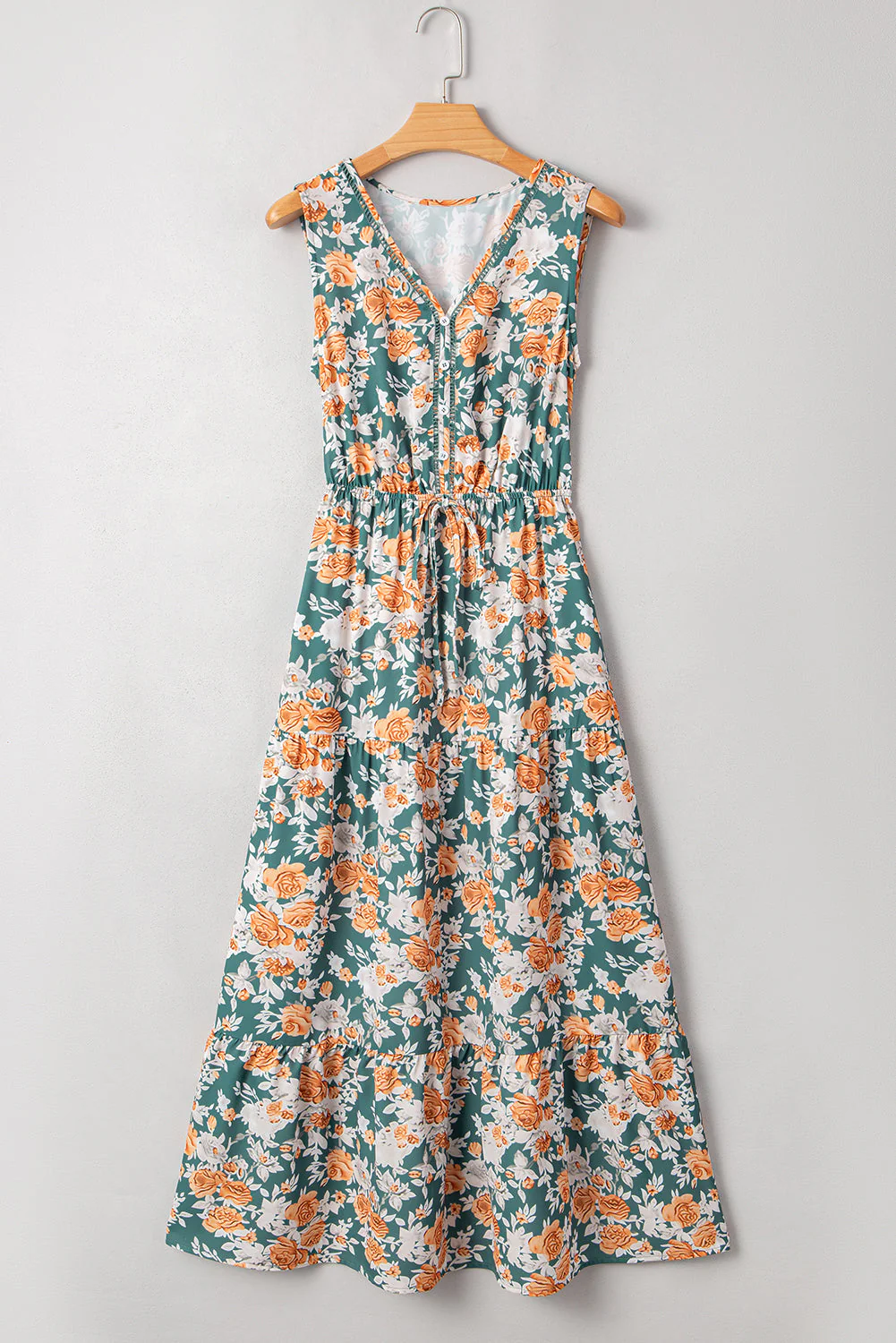 Green Floral Print Trimmed V Neck Tie Waist Sleeveless Holiday Long Dress - Image 7