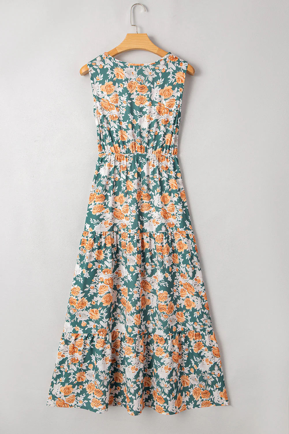 Green Floral Print Trimmed V Neck Tie Waist Sleeveless Holiday Long Dress - Image 8