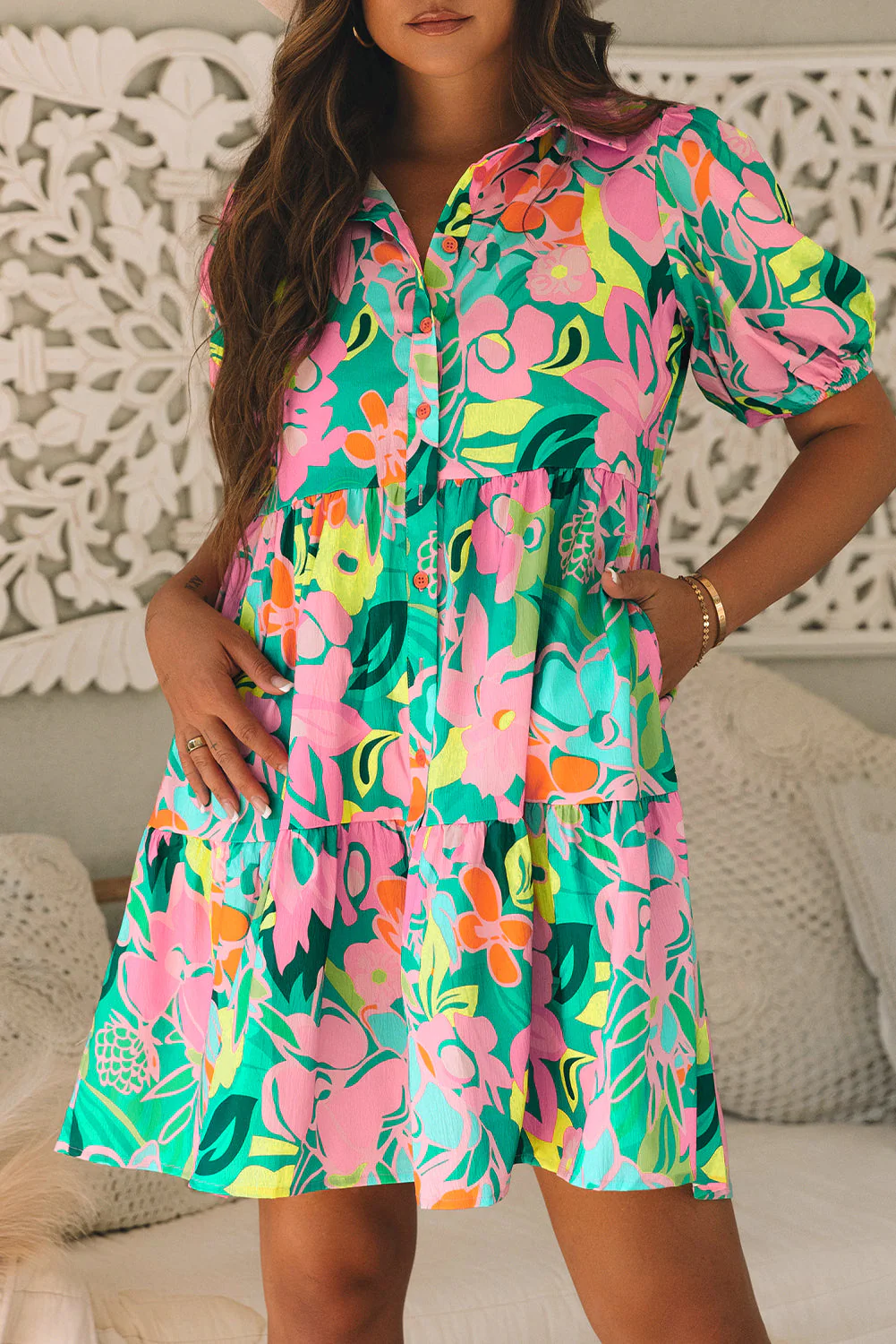 Green Floral Puff Sleeve Collar Buttoned Babydoll Dress - Image 5