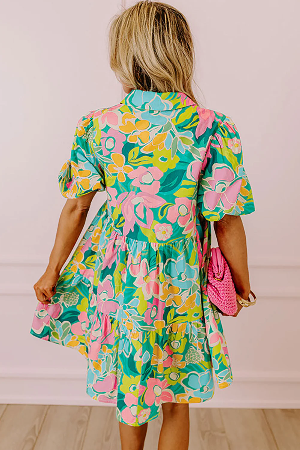Green Floral Puff Sleeve Collar Buttoned Babydoll Dress - Image 7