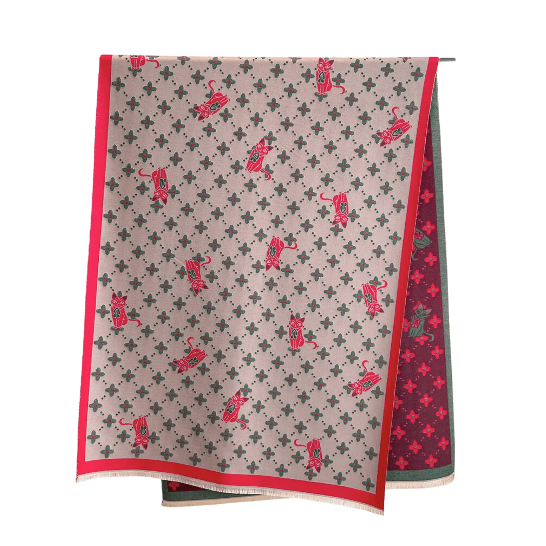 Greige, Red & Green Floral Patterned Cat Scarf - Image 2