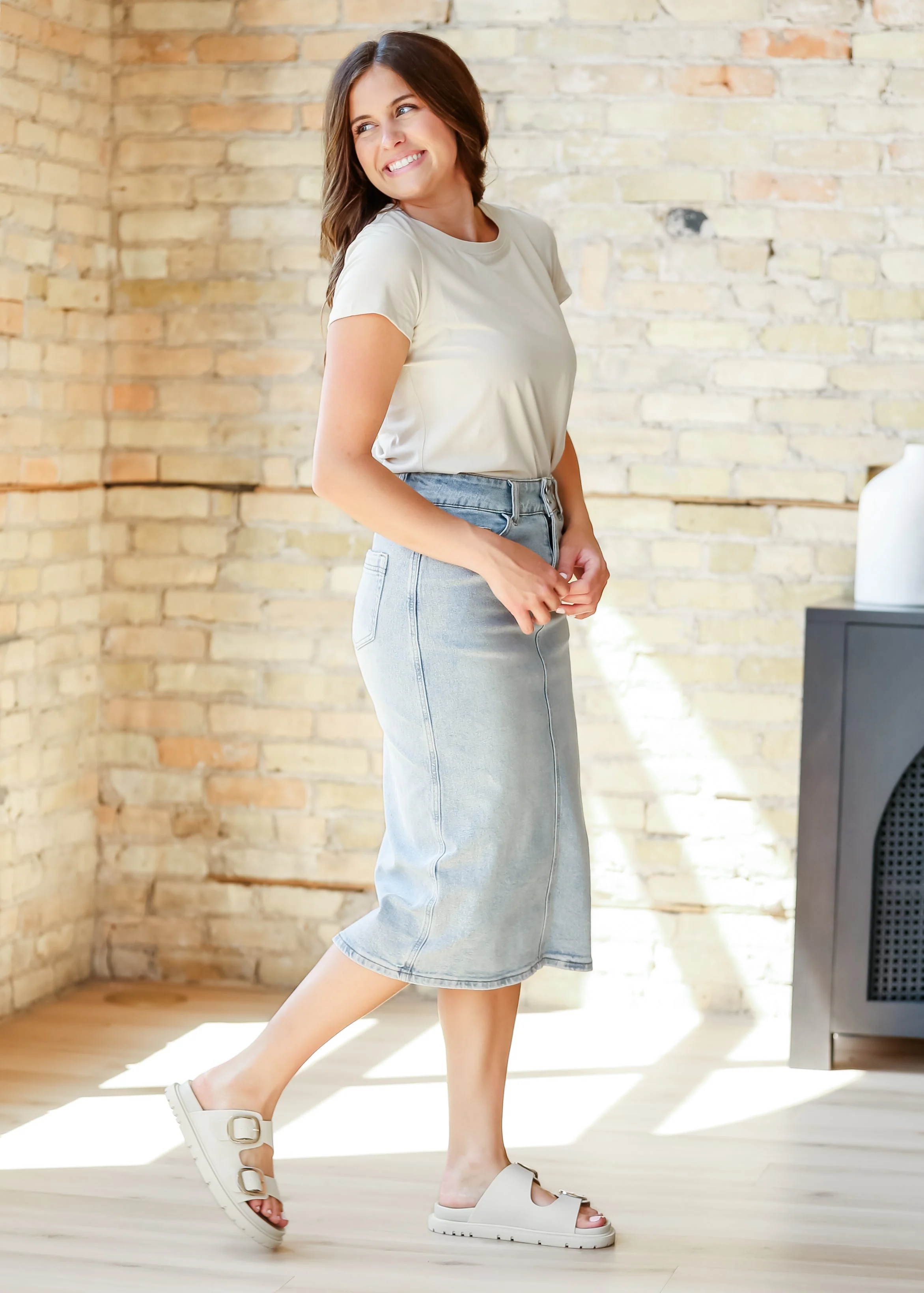 Greta Light Wash Midi Denim Skirt - Image 16