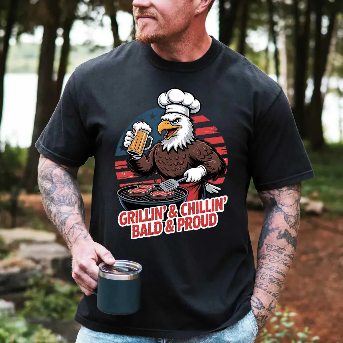 Grillin’ & Chillin’, Bald & Proud T-Shirt – Patriotic Bald Eagle BBQ Vintage Tee - Image 13