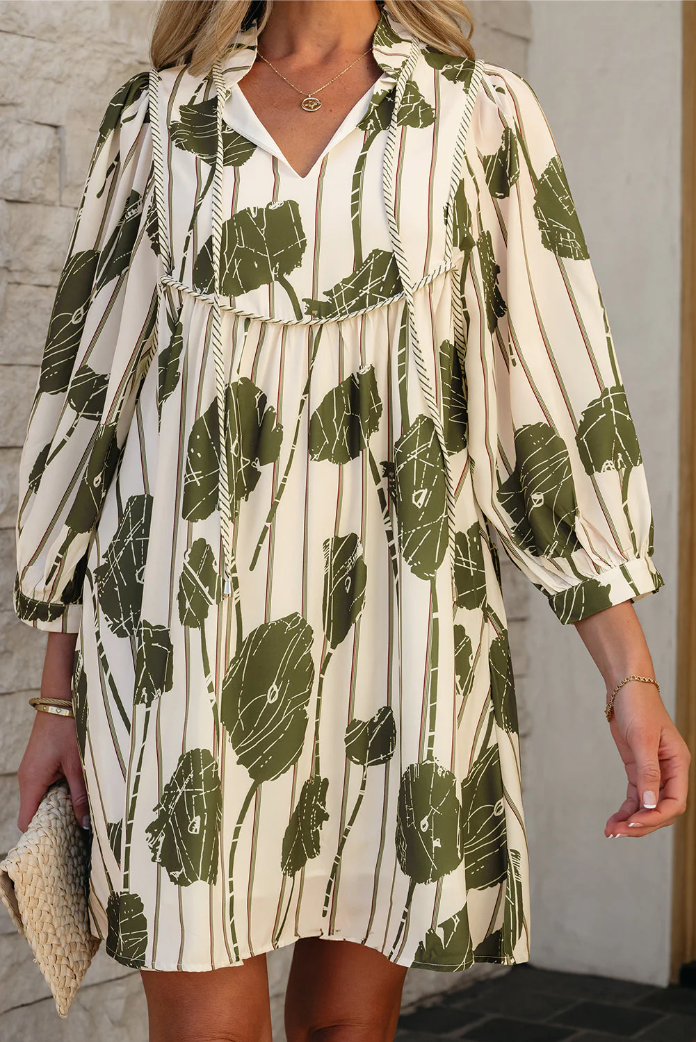 Guacamole Green Floral Striped Print Contrast Piping Puff Sleeve Dress - Image 6