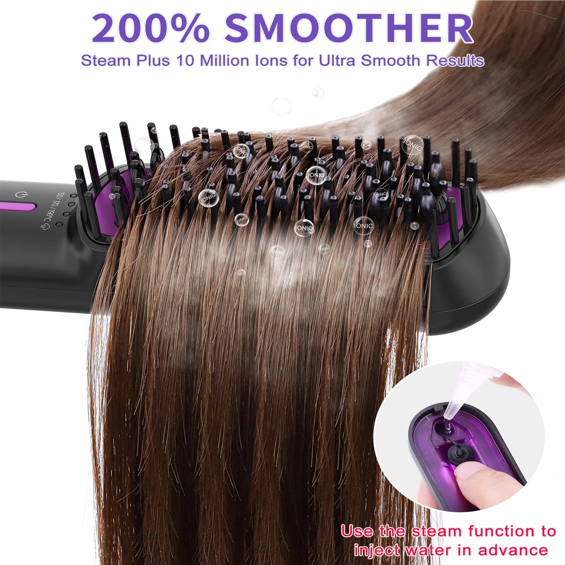 Hair Straightener Brush, Ionic Plus Steam Straightening Brush for Smooth, Anti-frizz Hair, Anti-Scald Ceramic Straightening Comb, Heated Straightener Brush Flat Iron Fast Heating for Home Salon - Image 2
