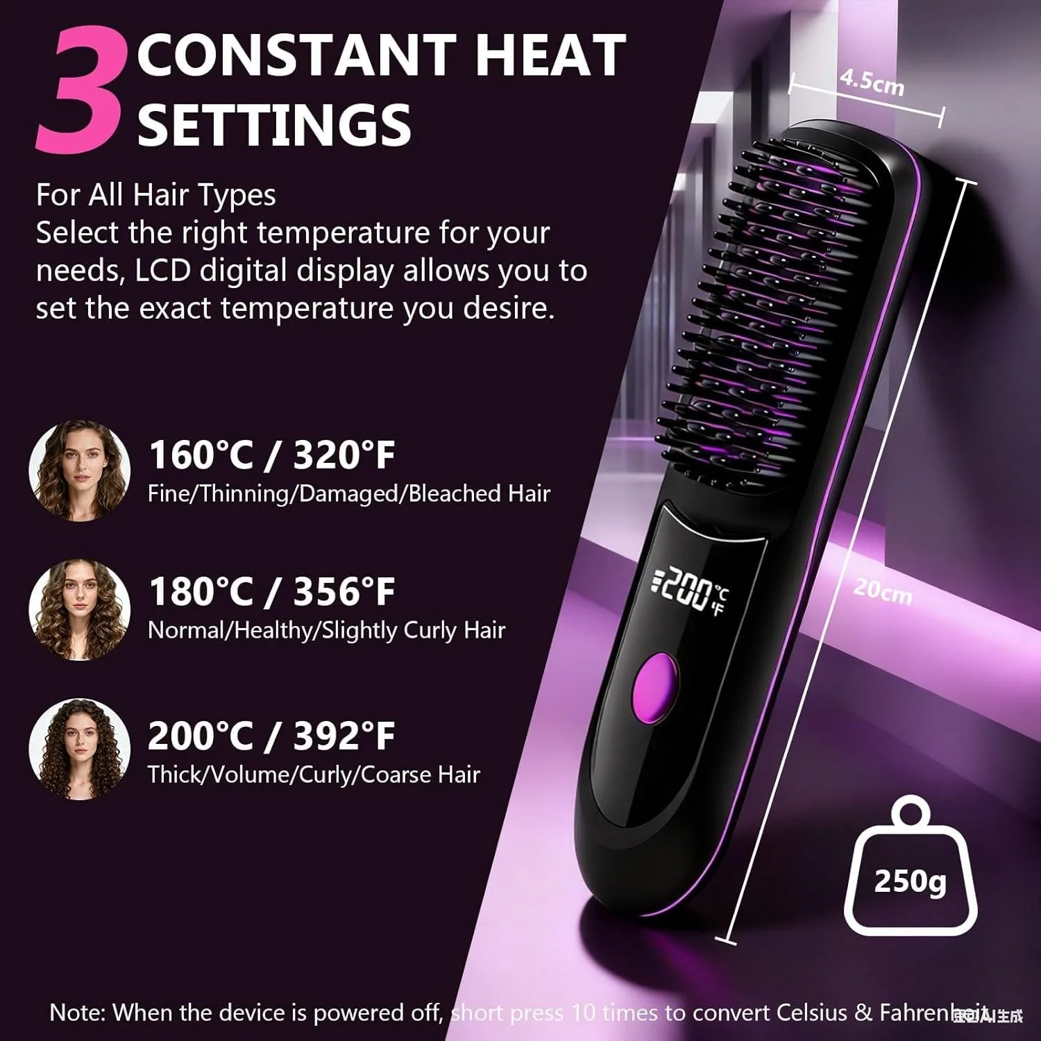 Hair Straightener, Cordless Hair Straightening Brush Portable Cordless Comb with Base Negative Ion Rechargeable Brush for Frizz-Free Shine Straightening, 6400mAh Fast Heating (Black) - Image 2