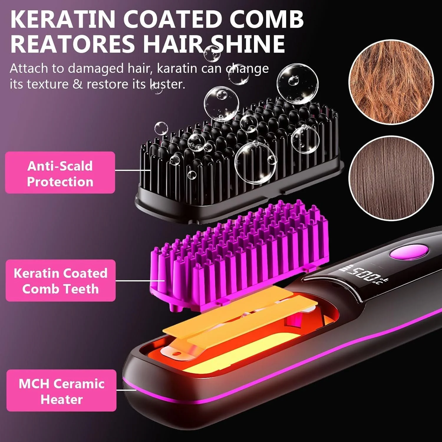 Hair Straightener, Cordless Hair Straightening Brush Portable Cordless Comb with Base Negative Ion Rechargeable Brush for Frizz-Free Shine Straightening, 6400mAh Fast Heating (Black) - Image 3