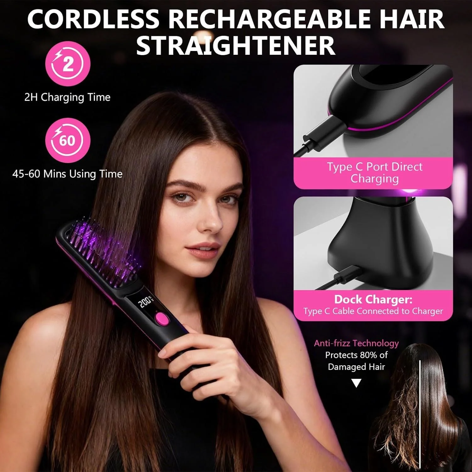 Hair Straightener, Cordless Hair Straightening Brush Portable Cordless Comb with Base Negative Ion Rechargeable Brush for Frizz-Free Shine Straightening, 6400mAh Fast Heating (Black) - Image 5