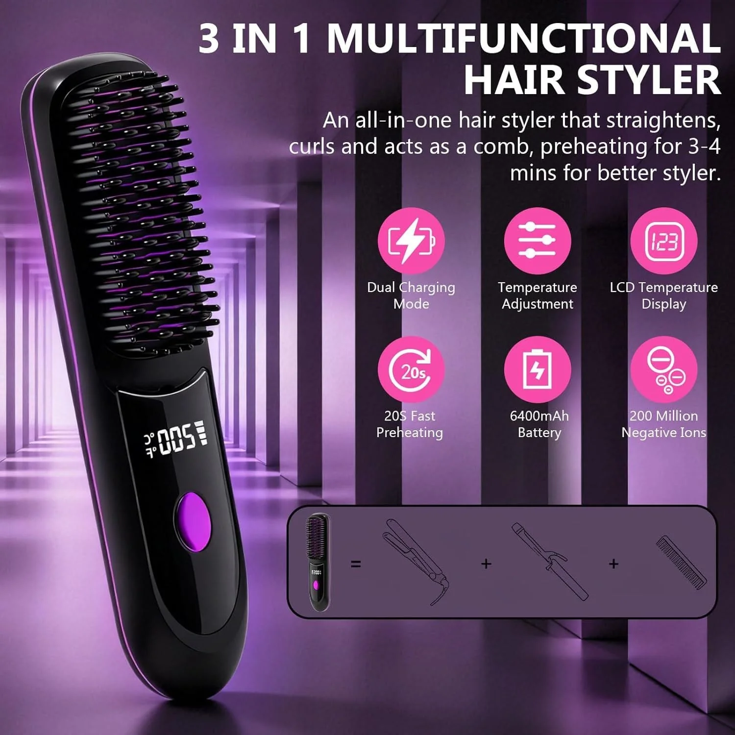 Hair Straightener, Cordless Hair Straightening Brush Portable Cordless Comb with Base Negative Ion Rechargeable Brush for Frizz-Free Shine Straightening, 6400mAh Fast Heating (Black) - Image 6