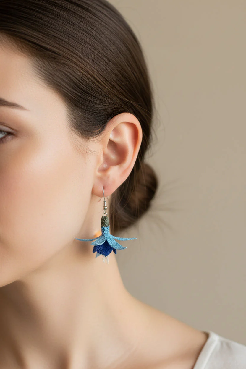 Handmade Blue 3D Floral Crochet Dangle Earrings for Women - Image 2