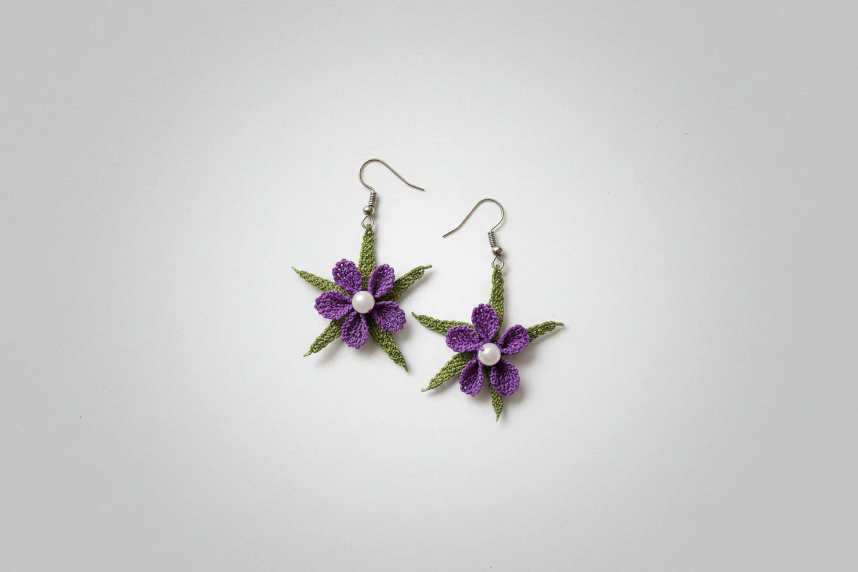 Handmade Purple Floral Crochet Dangle Earrings for Women - Image 4