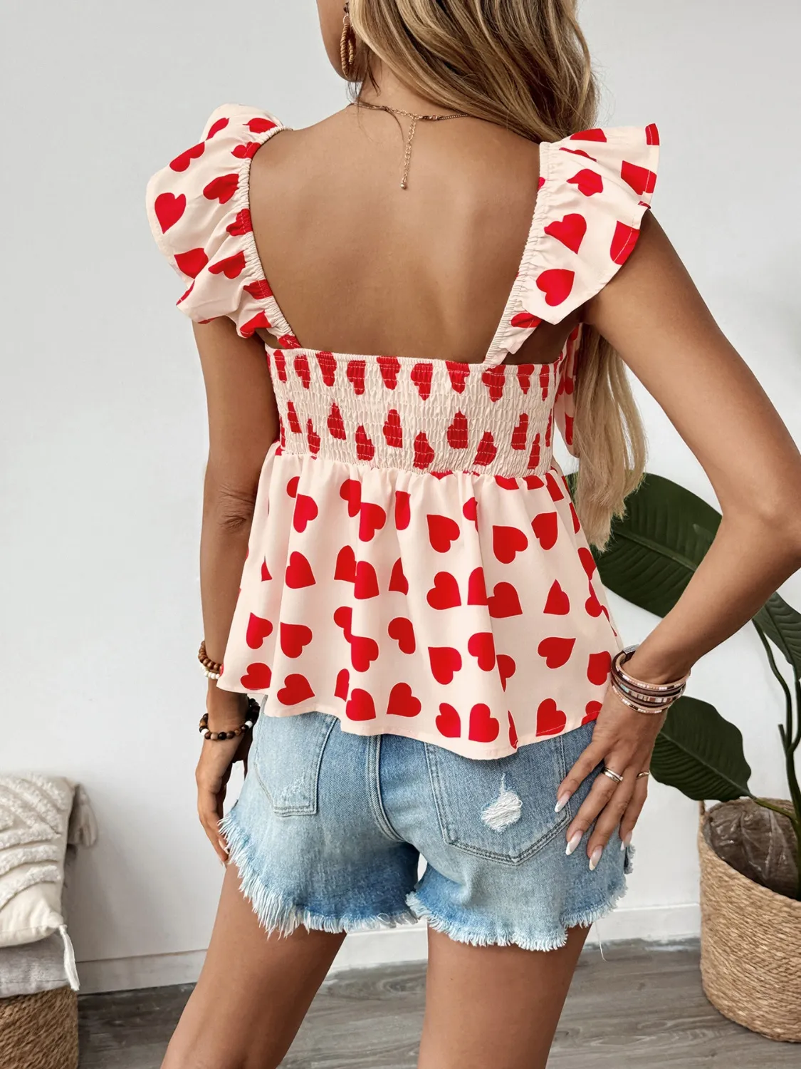 Heart Print Bow Front Peplum Blouse - Image 5