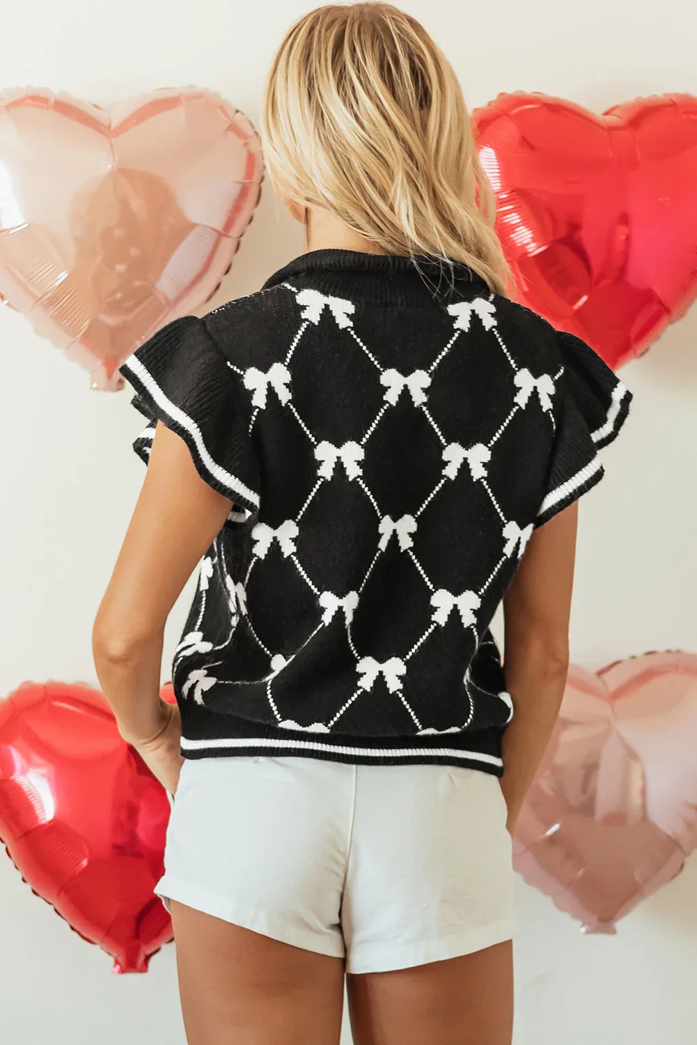 Heather - Black Chevron Pattern Bow Print Zipped Collar Sweater Top - Image 2