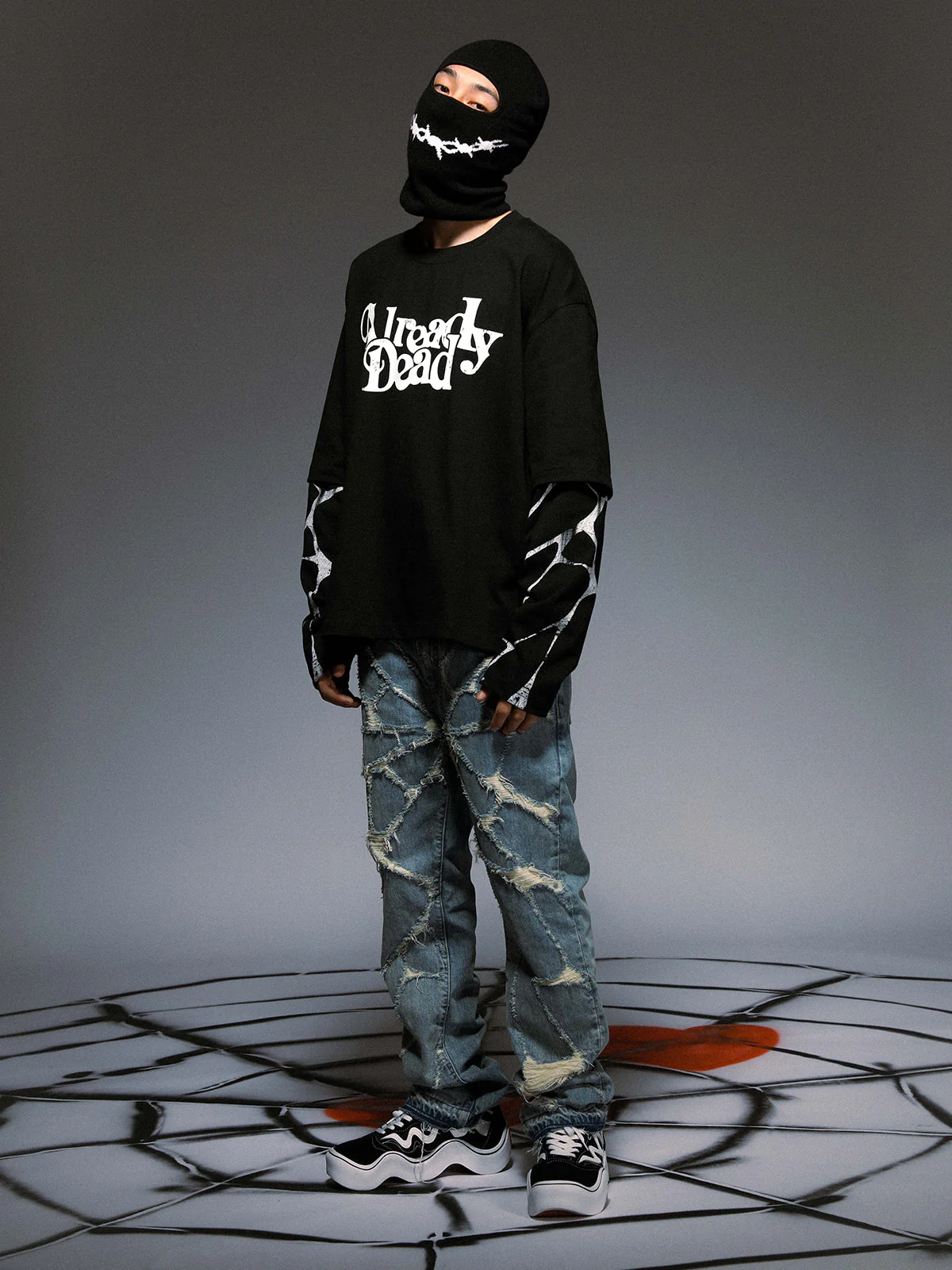 High Street Wash Destroyed Spider Web Straight Leg Jeans - Image 2