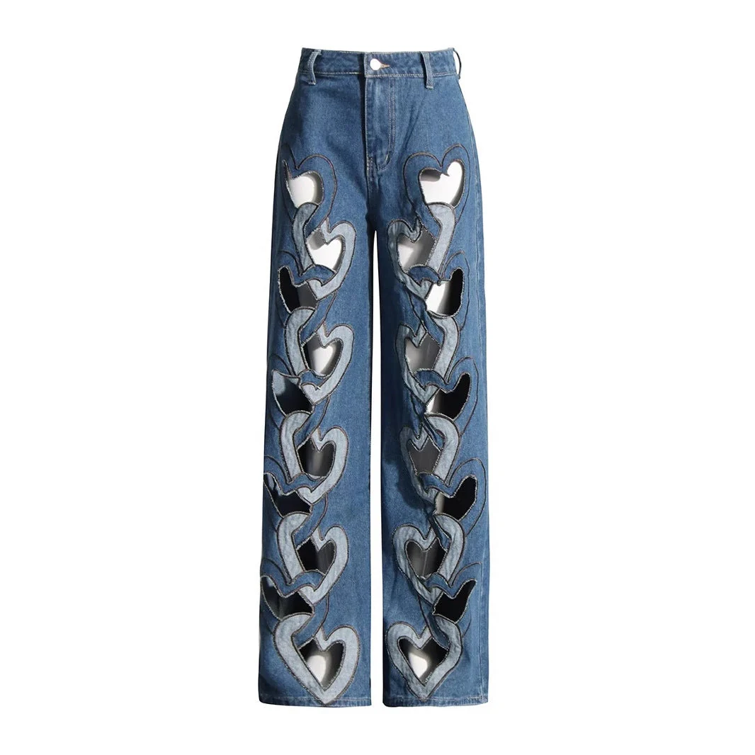 High Waist Hollowed Heart Shape Wide Leg Jeans - Image 3