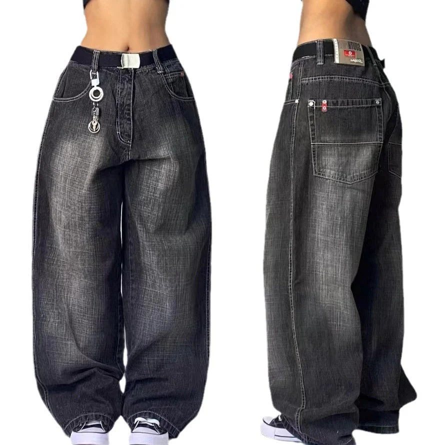 High Waist Retro Distressed Black Gray Wide-leg Jeans - Image 5