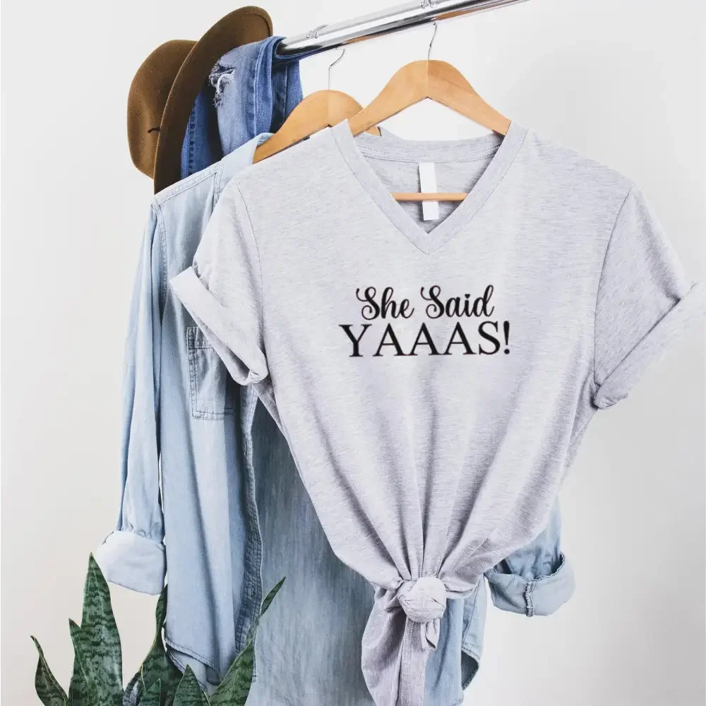 💍 I Said YAAAS Bachelorette Crew Party 🍾 Matching V-Neck T-Shirts - Image 17
