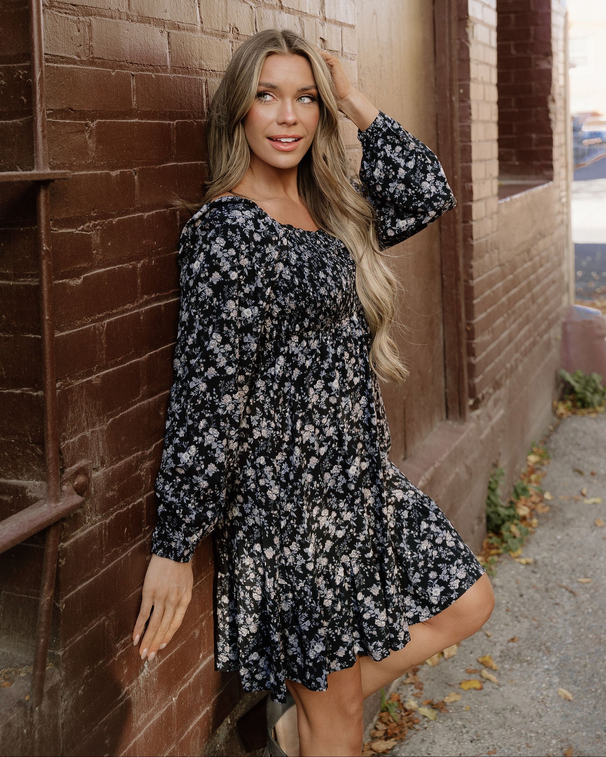 Isabella Long Sleeve Frilly Shirred Square Neck Mini Dress - Image 4