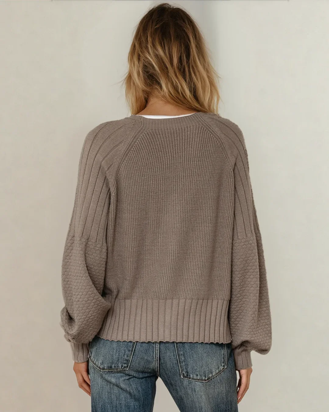 Jane Mixed Texture Knit Button V Neck Sweater Cardigan - Brown - Image 7