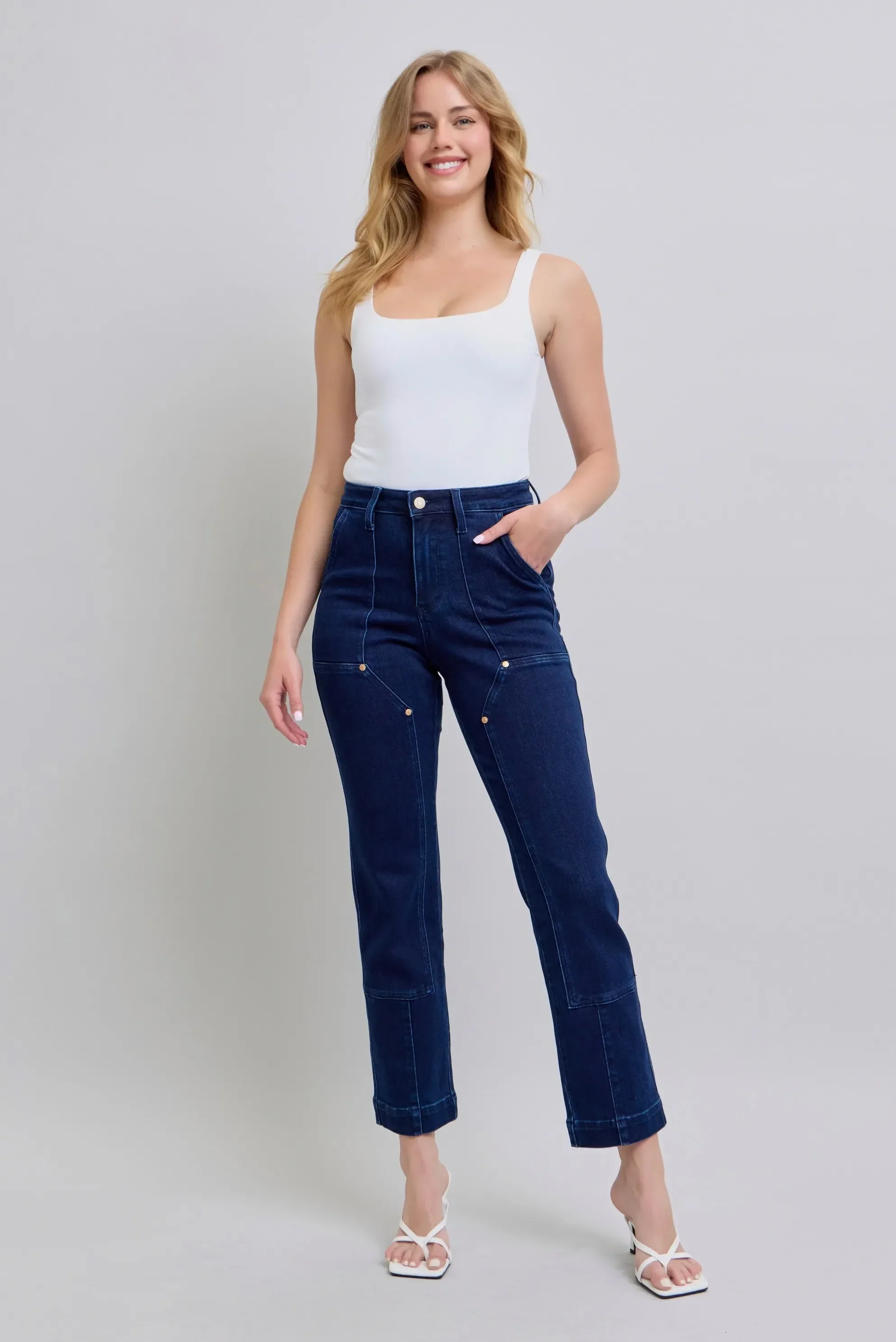 Judy Blue Full Size Hw Work Wear Knee Patch Straight Jeans Plus Size - Image 10