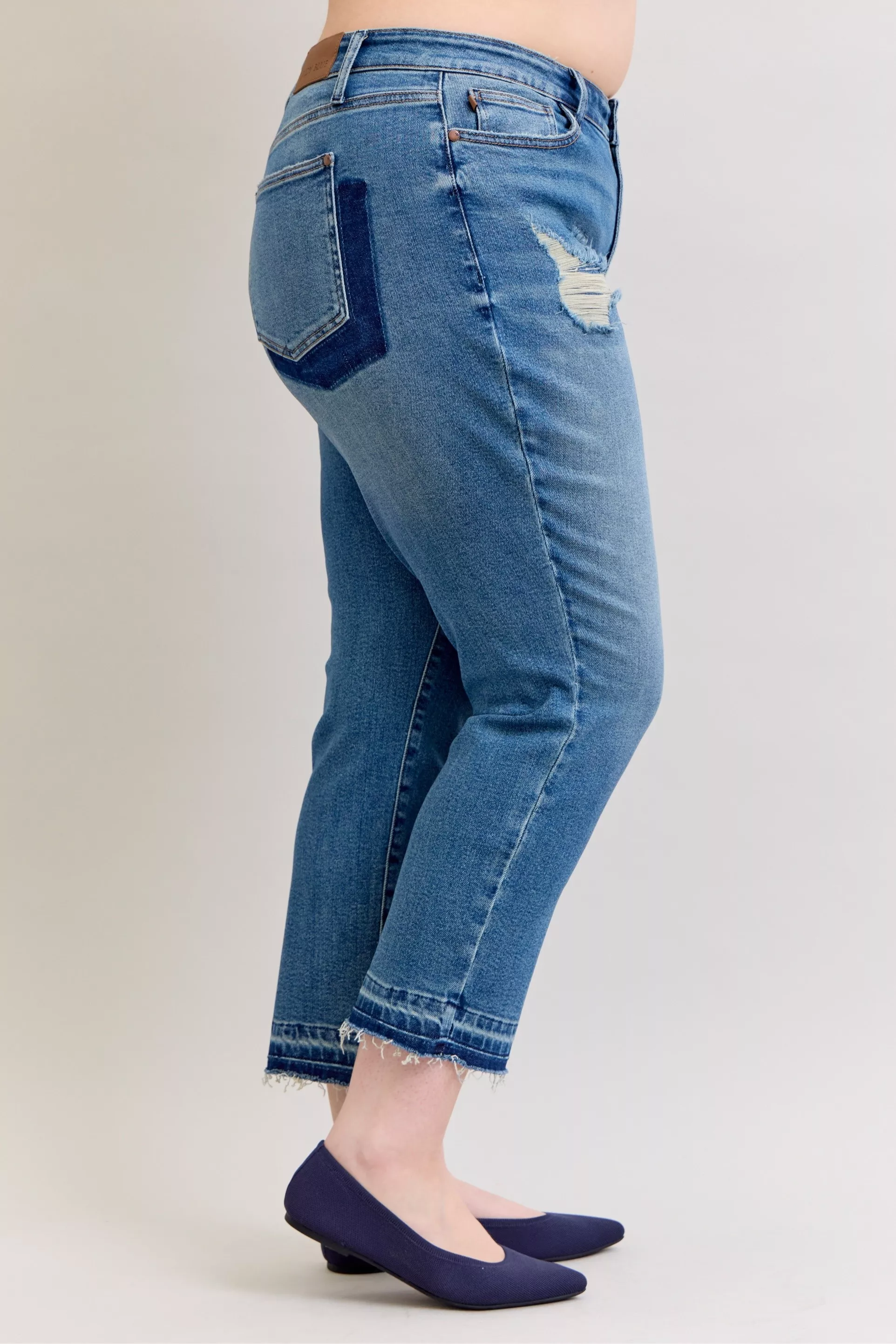 Judy Blue Full Size Mid Rise Bf Patch & Repair Destroy Release Hem Jeans Plus Size - Image 10