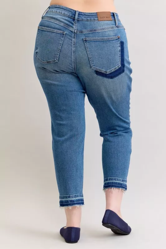 Judy Blue Full Size Mid Rise Bf Patch & Repair Destroy Release Hem Jeans Plus Size - Image 11