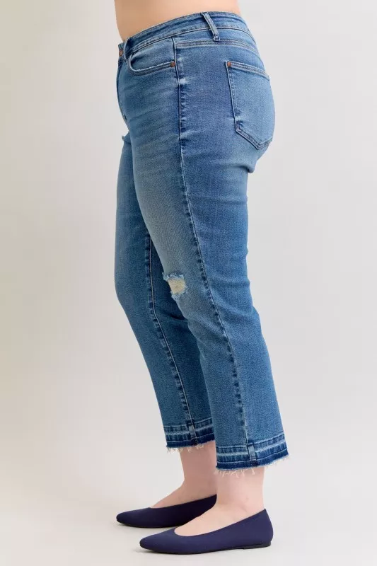 Judy Blue Full Size Mid Rise Bf Patch & Repair Destroy Release Hem Jeans Plus Size - Image 12
