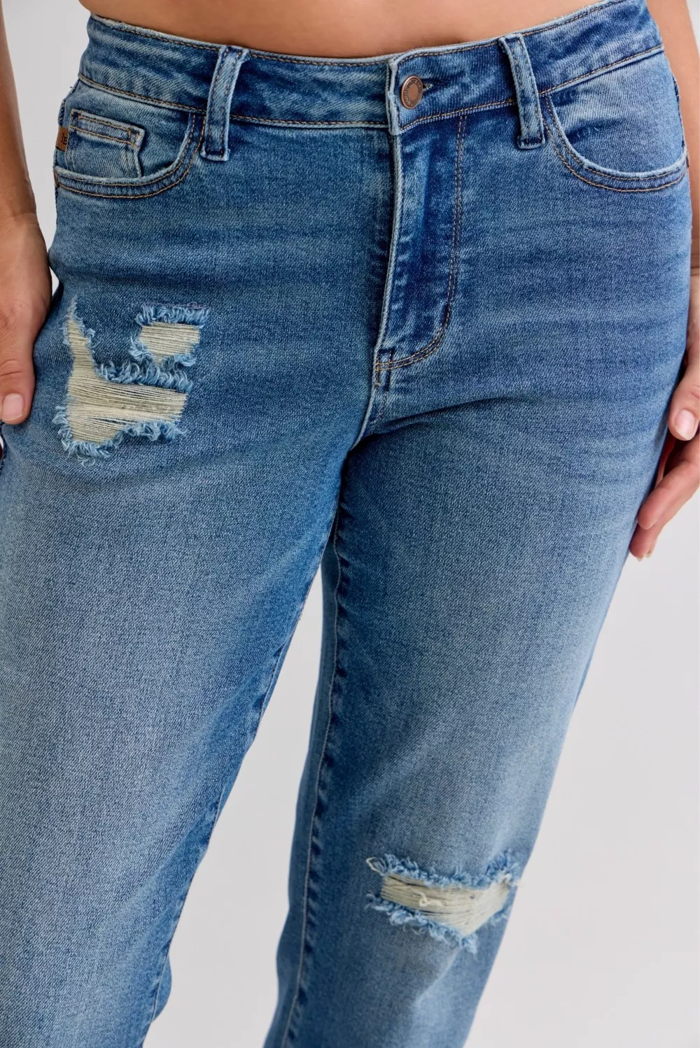 Judy Blue Full Size Mid Rise Bf Patch & Repair Destroy Release Hem Jeans Plus Size - Image 14