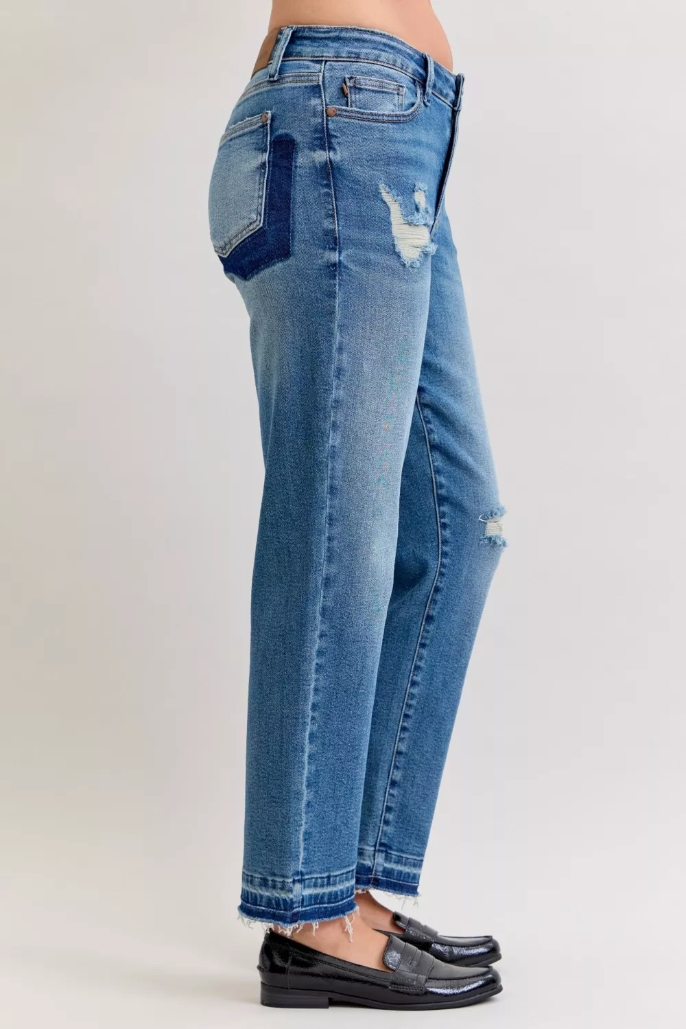 Judy Blue Full Size Mid Rise Bf Patch & Repair Destroy Release Hem Jeans Plus Size - Image 4