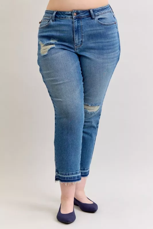 Judy Blue Full Size Mid Rise Bf Patch & Repair Destroy Release Hem Jeans Plus Size - Image 8