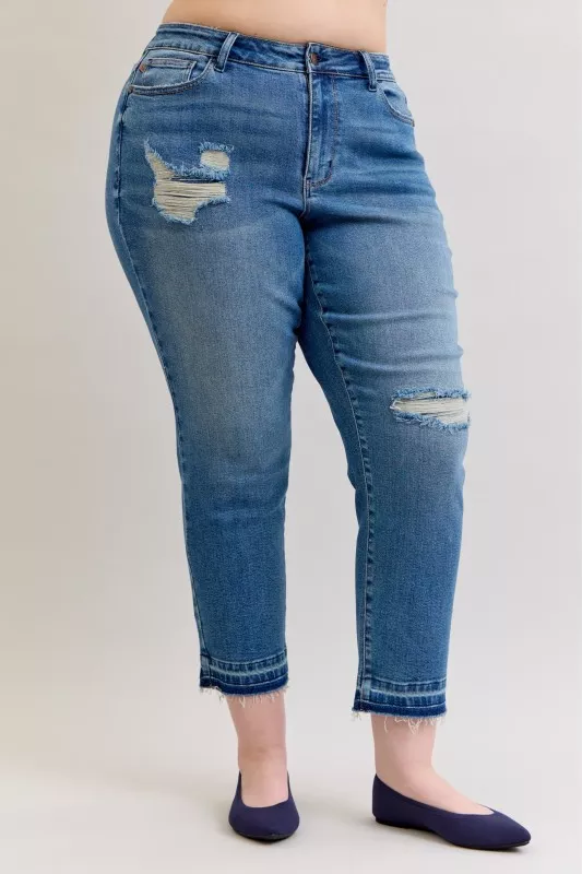 Judy Blue Full Size Mid Rise Bf Patch & Repair Destroy Release Hem Jeans Plus Size - Image 9