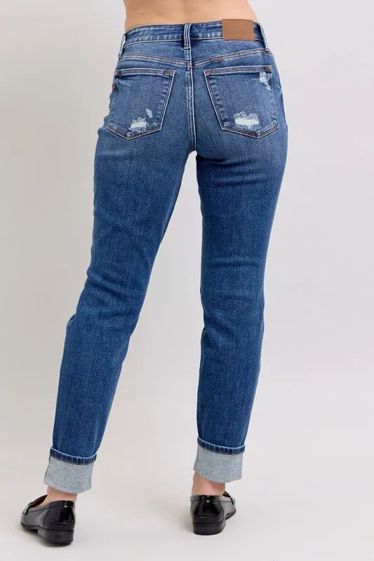 Judy Blue Full Size Mid Rise Boyfriend destroy Jeans with Yoke Pockets and Faux Selvedge Cuff Plus Size - Image 6