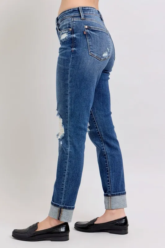Judy Blue Full Size Mid Rise Boyfriend destroy Jeans with Yoke Pockets and Faux Selvedge Cuff Plus Size - Image 7