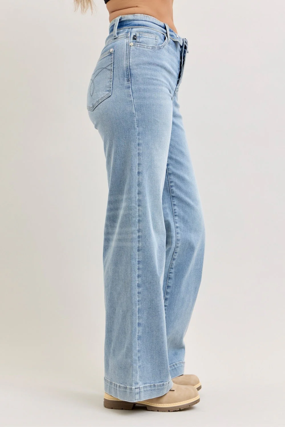 Judy Blue Mid Rise Retro Wide Leg Jeans with Fold-over Waistband - Image 2