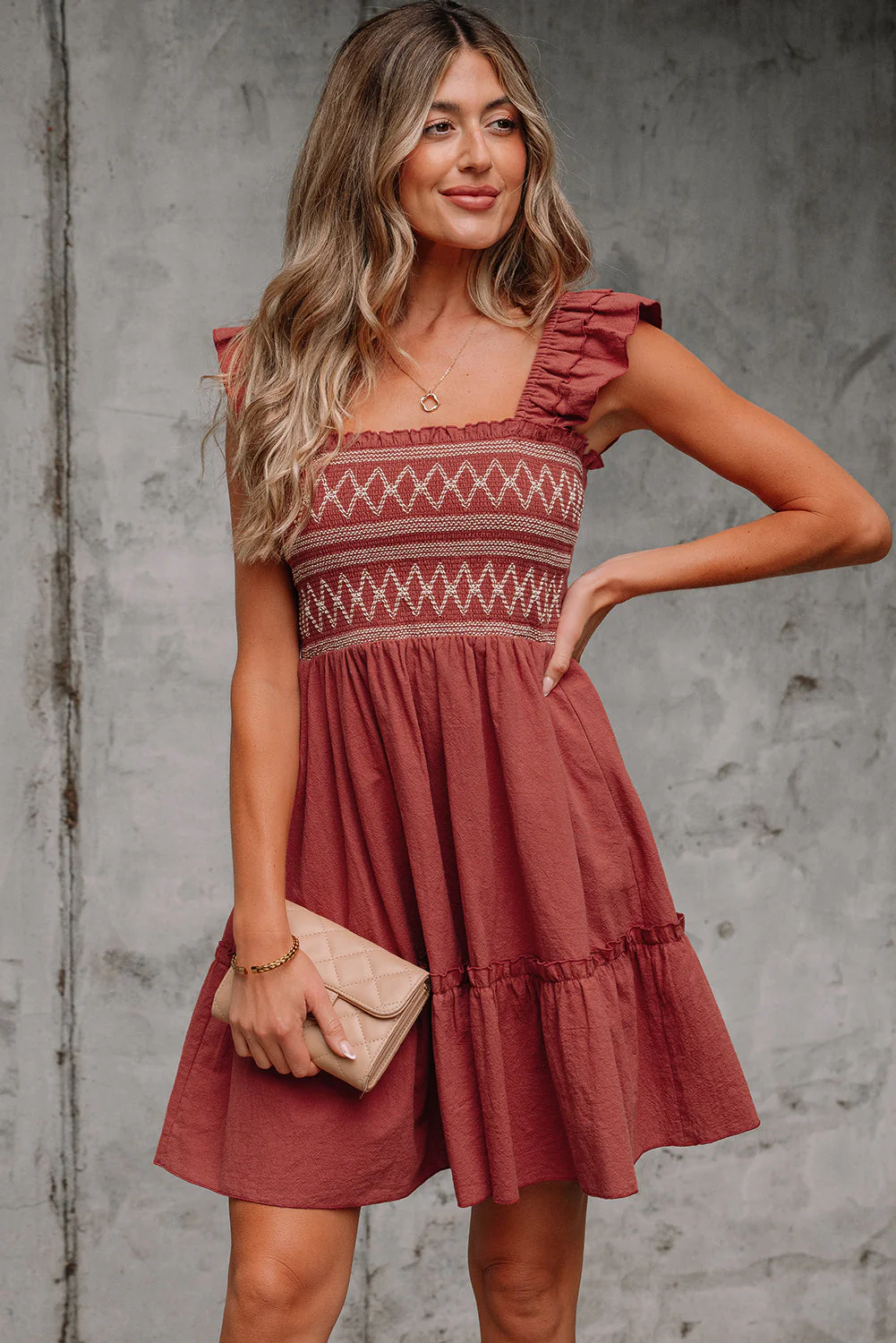 JudyAnn-Red Sandalwood Geometric Stitch Shirred Bodice Ruffled Trim Sleeveless Mini Dress - Image 5