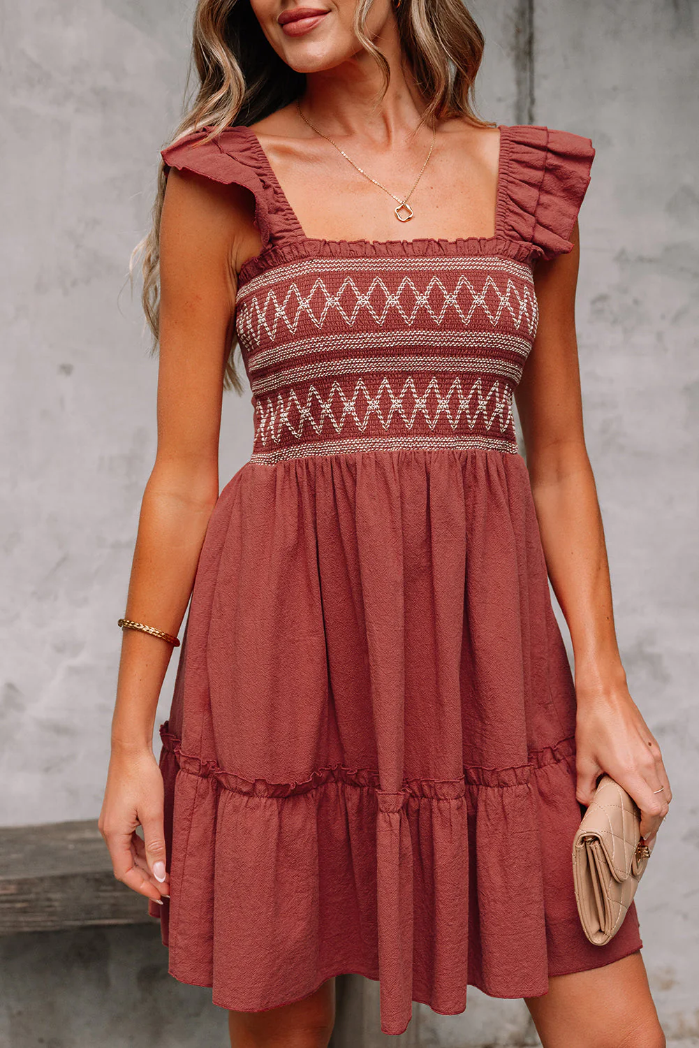 JudyAnn-Red Sandalwood Geometric Stitch Shirred Bodice Ruffled Trim Sleeveless Mini Dress - Image 8