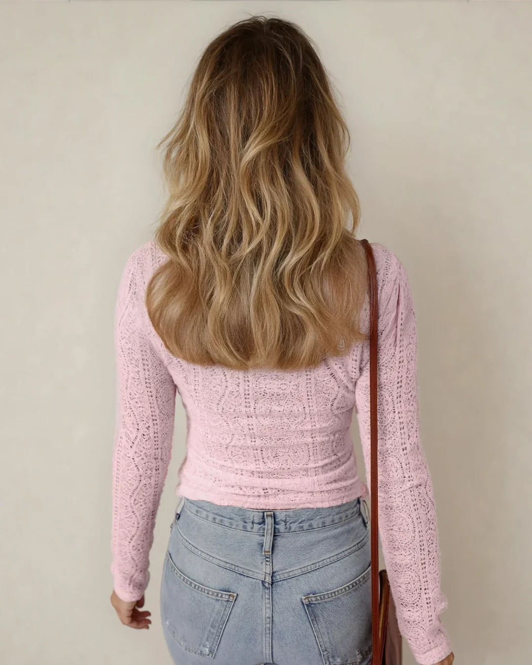 Juliette Semi Sheer Lace Long Sleeve Cropped Top - Light Pink - Image 4