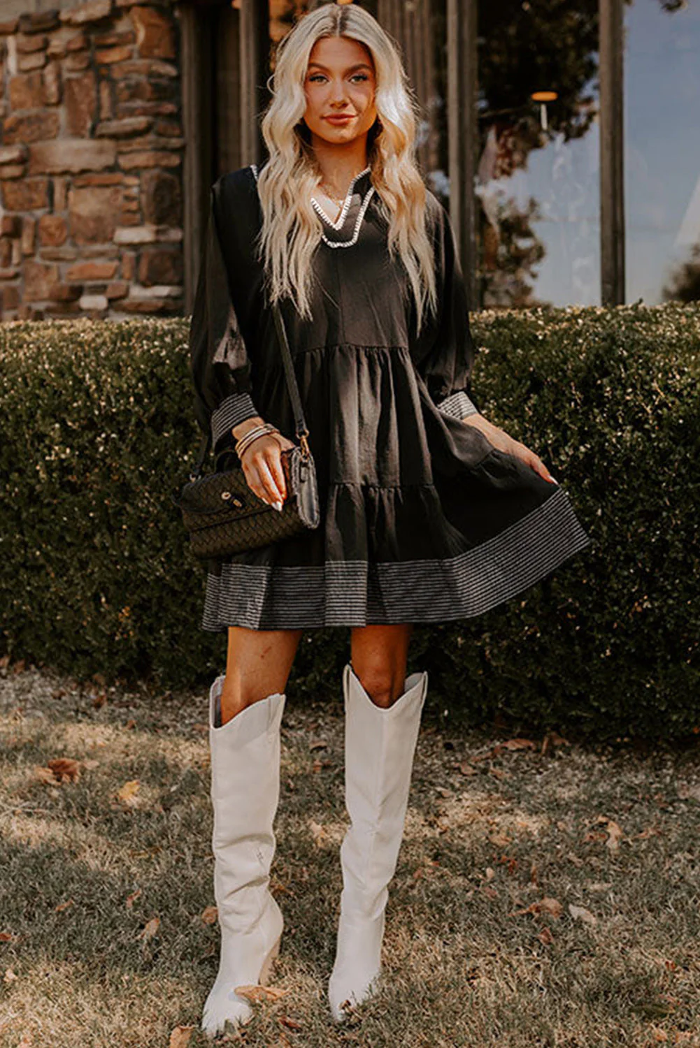 Jungle Green Contrast Stitched V Neck 3/4 Sleeve Swing Mini Dress - Image 12