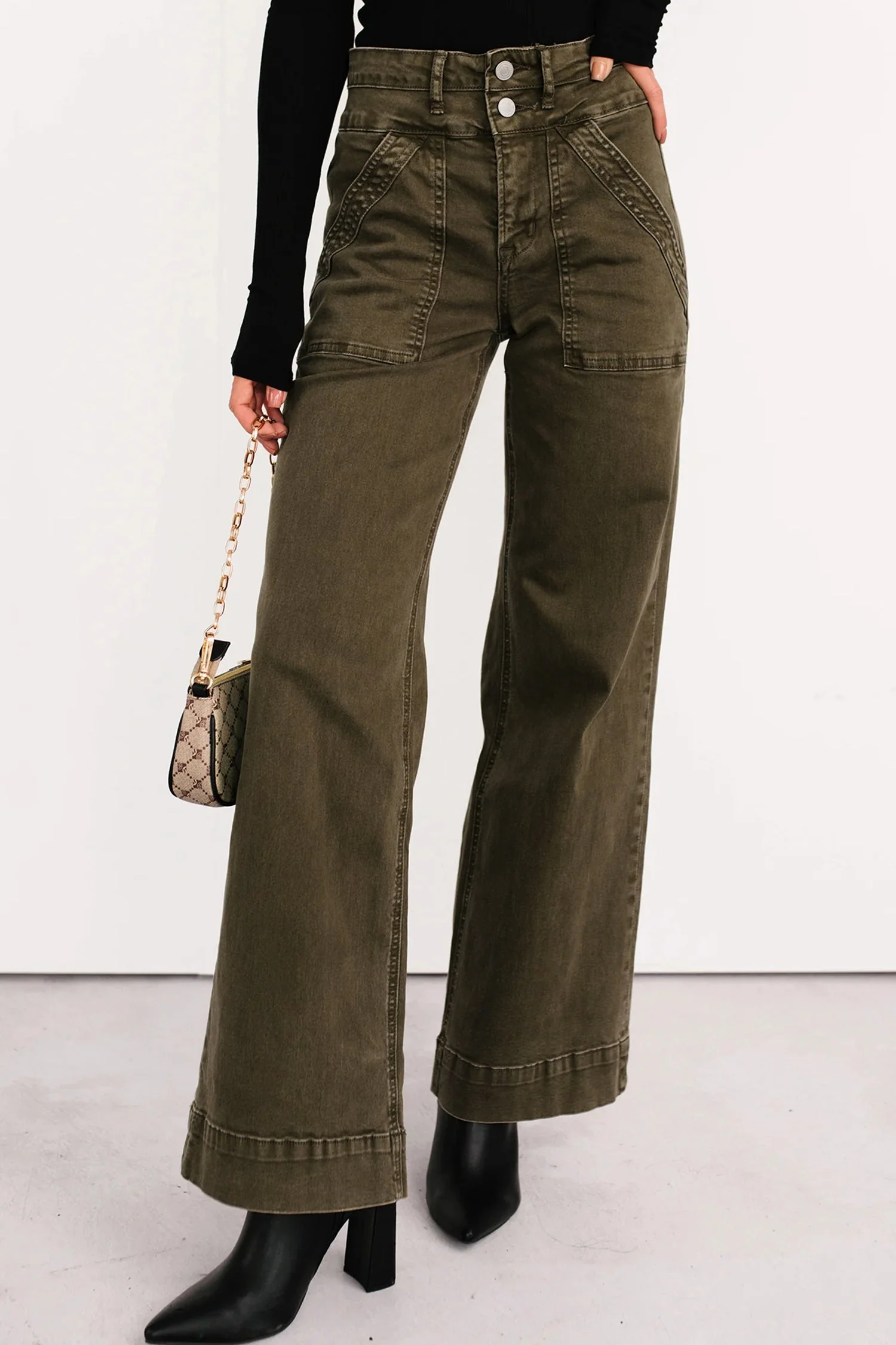 Jungle Green Double Waistband Loose Straight Jeans - Image 4