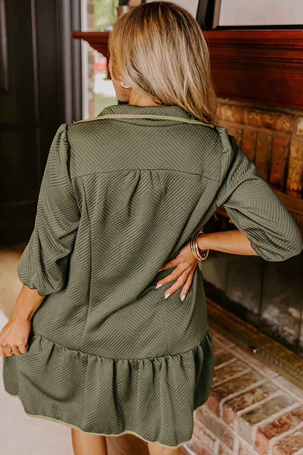 Jungle Green  Quarter Zip Collar Bracelet Sleeve Textured Mini Dress - Image 2