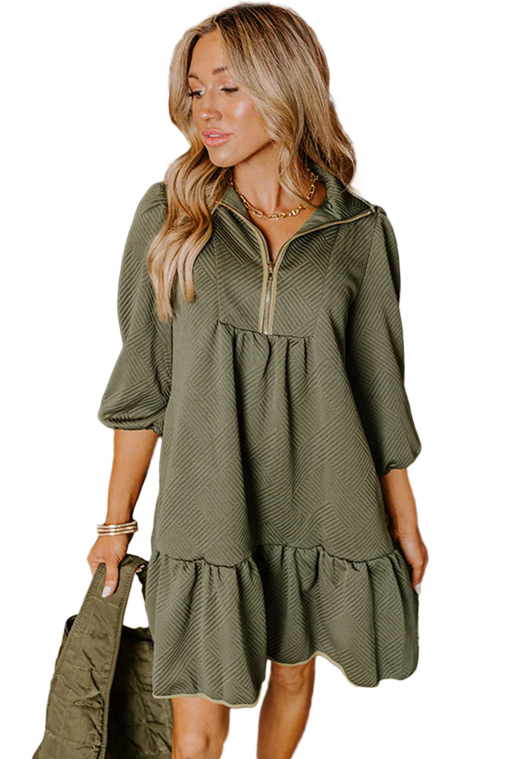 Jungle Green  Quarter Zip Collar Bracelet Sleeve Textured Mini Dress - Image 6