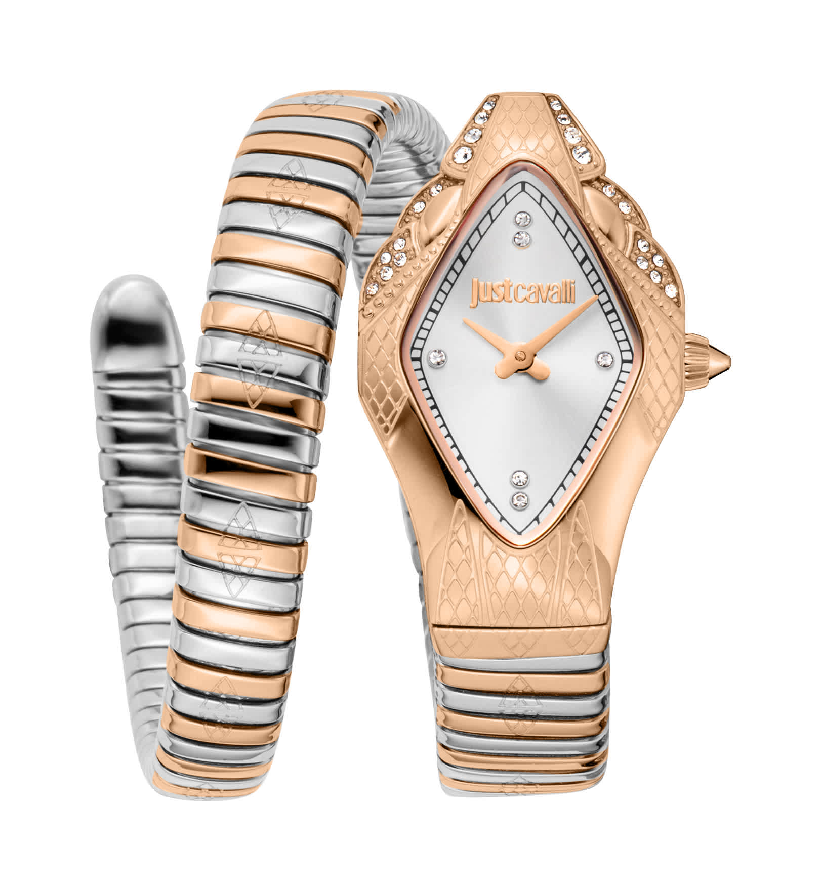 Just CAVALLI Women Watch, Rose Gold Color Case, Silver Dial, Two Tone Silver & Rose Gold Color Metal Bracelet, 2 Hands, 3 Atm