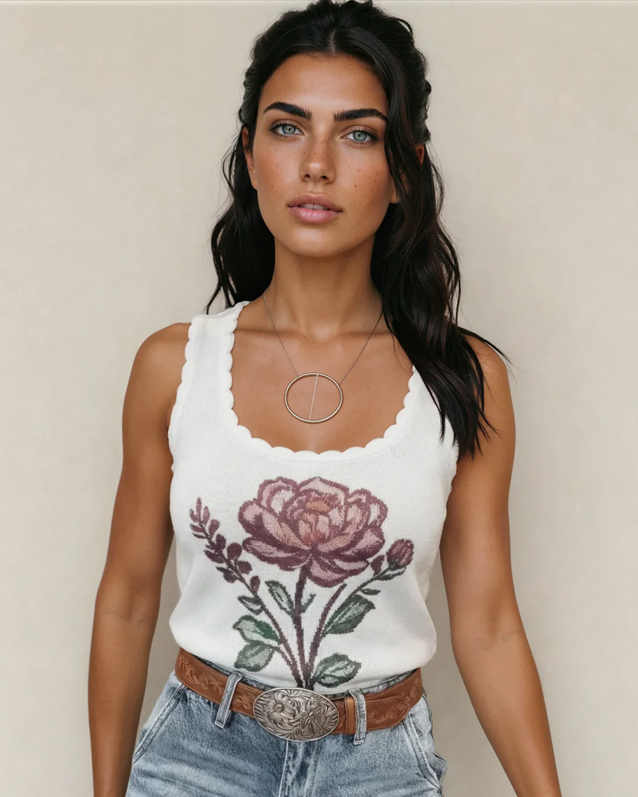 Kahlani Retro Floral Print Scalloped Square Neck Knit Sweater Vest - Image 11