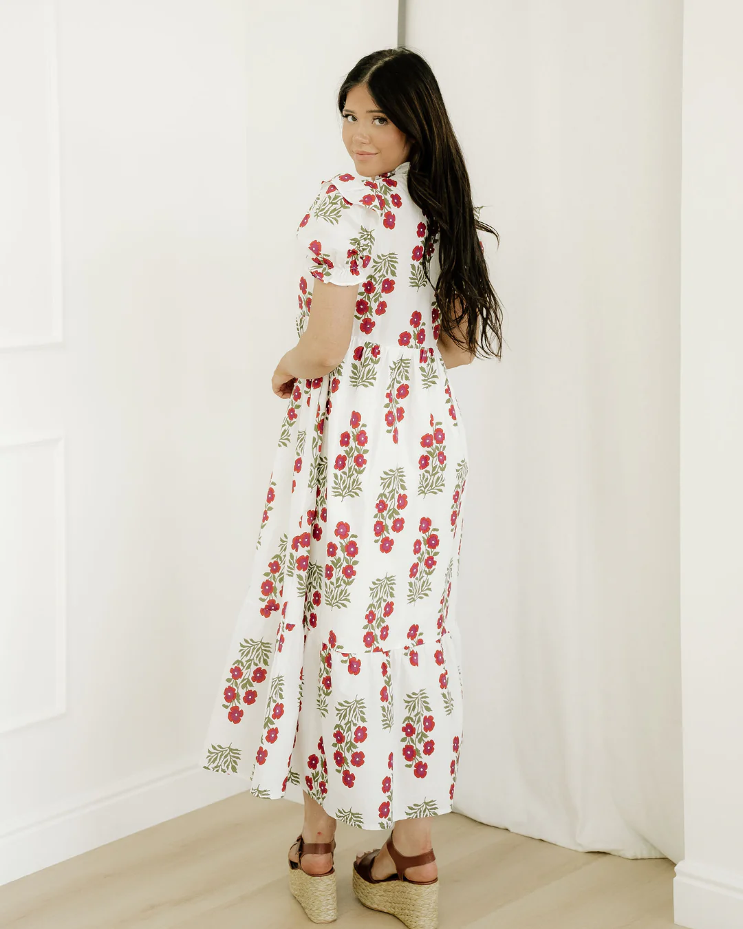 Kali Floral Short Bubble Sleeve Tiered Maxi Dress - Beige - Image 7